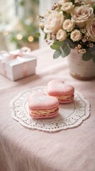 Naklejka premium Pink heart shaped macarons on a lace doily with a gift box and bouquet of roses heart shape pink macaron french pastry mother s day floral arrangement food photogra