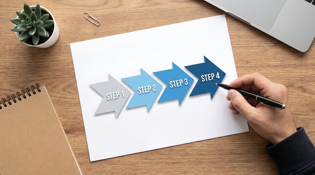 Four steps process diagram paper flat lay overhead view professional hands with black pen drawing arrow graphics on white sheet of paper wooden table office workspace setup.