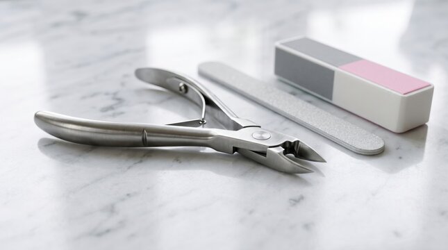 A set of manicure tools, including a nail clipper, nail file, and buffer block, placed on a white marble surface.