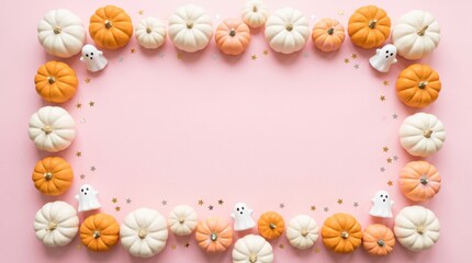 Obraz premium A festive Halloween frame made of white and orange mini pumpkins, small ghost decorations, and golden star confetti on a pink background.