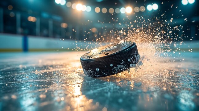 Action photography of hockey puck hitting iced floor with snow debris flying everywhere professional match atmosphere indoor stadium light illumination bright contrast details.