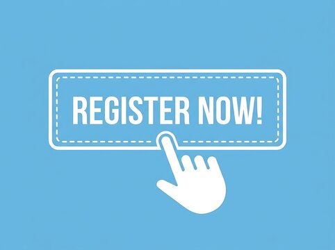 Finger clicking blue register now button for online signup or event registration
