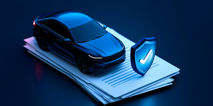Car on insurance documents with a protection shield icon, representing auto insurance, vehicle coverage, risk management, policy protection, claims processing, and financial security