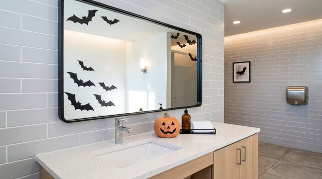 A modern bathroom decorated with Halloween-themed bat decals on the mirror and a carved pumpkin on the countertop.