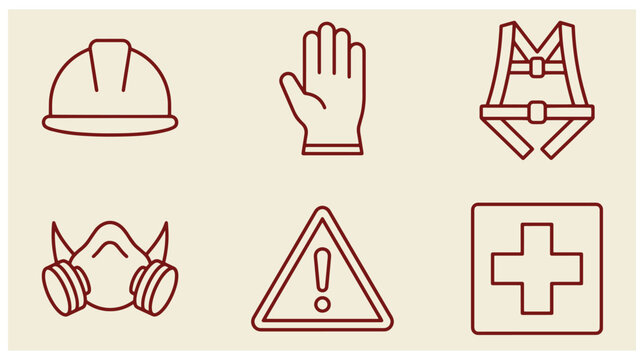 Set of outline safety and construction protection icons including hard hat protective glove harness mask warning sign and medical cross with protective equipment dust mask workplace saf