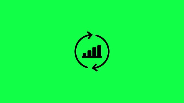 Animated continuous improvement and rotating cycle flow lines icon featuring growth graph on green background. Containing arrow up for process optimization and productivity concepts