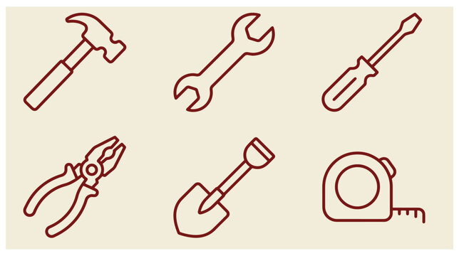 Set of construction and repair hand tools outline icons including hammer wrench screwdriver pliers shovel and tape measure with construction tool outline icon diy equipment work tool