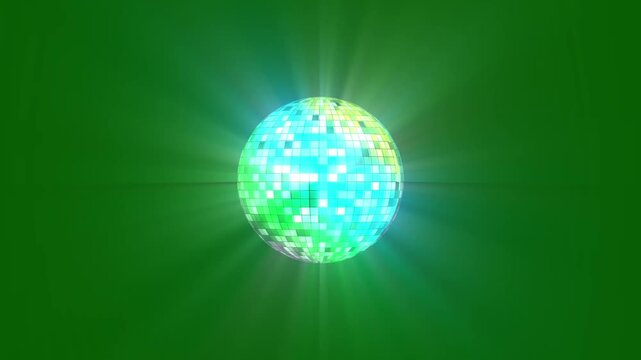 Colorful disco ball animation with light rays, disco ball on green background. Loop able animation, Neon Disco ball seamless VJ loop animation for music broadcast, music videos, concepts, night clubs