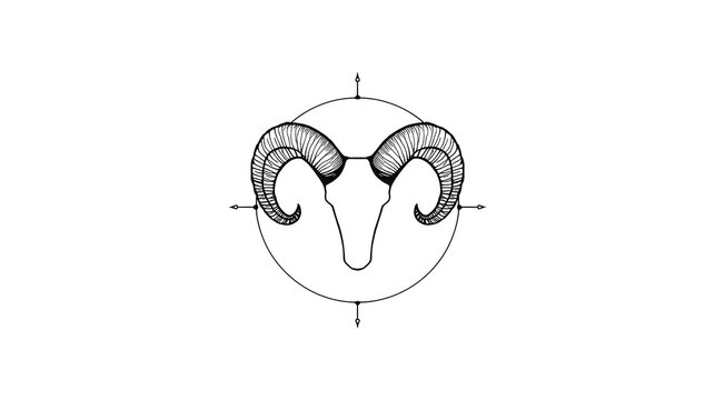Detailed line art drawing of a ram's skull with large curved horns, centered within a circle with compass-like markings.