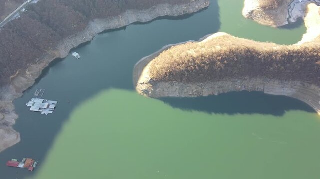 Aerial Winter view of Vacha (Antonivanovtsi) Reservoir, Rhodope Mountains, Plovdiv Region, Bulgaria