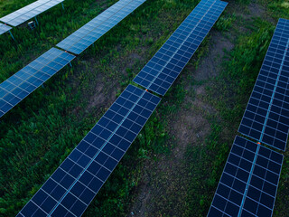Naklejka premium Solar panels in neat rows over grassy terrain at dusk