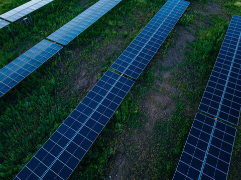 Solar panels in neat rows over grassy terrain at dusk