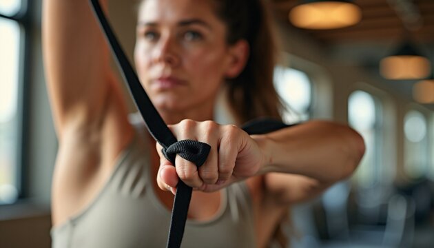 Fitness training with athletic woman using resistance bands for strength exercise in modern gym. Fitness routine includes resistance training to improve strength and flexibility.