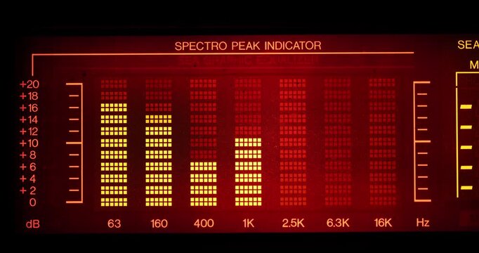 Vintage audio equalizer spectro peak indicator display showing illuminated orange level bar meters bounce to sound