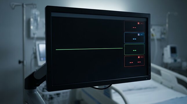 Flatline Cardiac Monitor Screen Displaying Asystole Vital Sign Death Signal electrocardiogram ecg ekg heart monitor flatline death deceased patient hospital medical pulse rhythm cardiac rate clinical