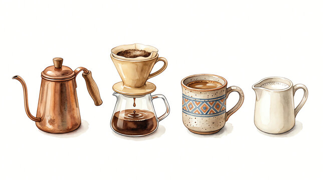 本格ハンドドリップコーヒーと道具の手描き水彩イラスト素材セット、銅製ケトル・ドリッパー・ガラスサーバー・マグカップ・ミルクピッチャーの素材集・白背景。