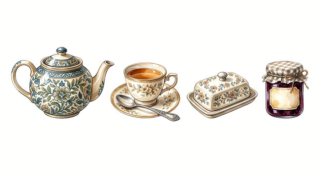アンティークでクラシカルなお茶会の手描き水彩イラスト素材セット、花柄陶器ティーポット・カップ・バターケース・ジャム瓶の素材集・白背景。