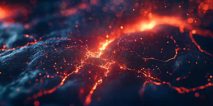 Molten lava texture with glowing orange cracks. Volcanic magma surface background. Abstract hot embers and dark stone landscape.