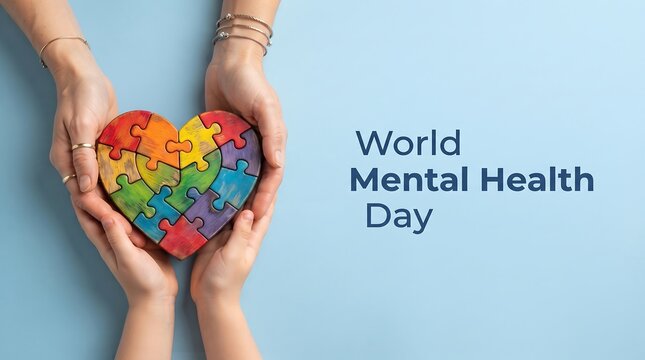 Hands cradling a colorful heart with text for world mental health day