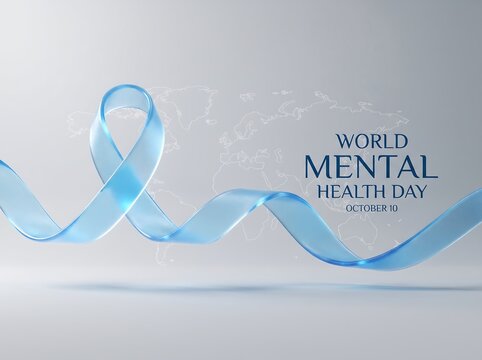 Light blue ribbon representing mental health awareness with informational text