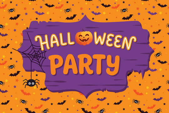 Halloween party wooden board sign purple signboard Cartoon banner with pumpkin, flying bats, spider web on orange seamless pattern background