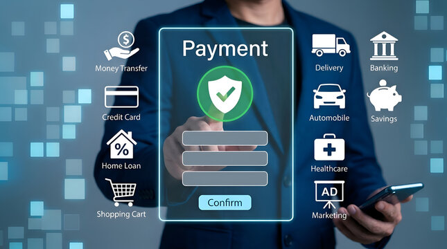Corporate executive managing secure digital financial transaction using smart interactive interface for global payments