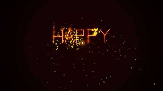 Golden text spelling happy halloween sparkles and disintegrates on a dark background