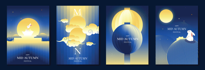 Mid Autumn Festival poster templates vector. Asian moon celebration designs with rabbit, lantern, clouds and floral elements for greeting card, banner, invitation and social media