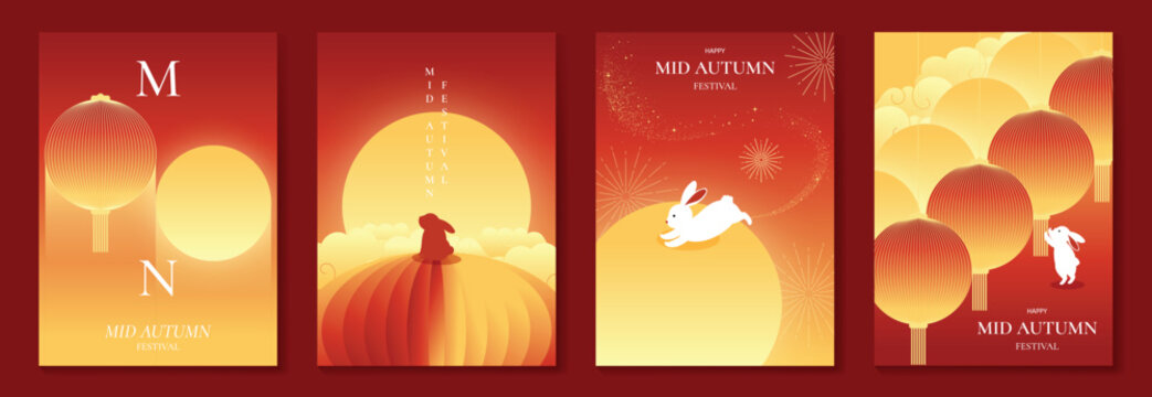 Mid Autumn Festival poster templates vector. Asian moon celebration designs with rabbit, lantern, clouds and floral elements for greeting card, banner, invitation and social media