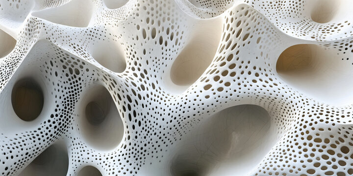 Organic parametric sculpture with porous bone texture, white 3D printed architectural model, abstract biomimetic design for modern decor