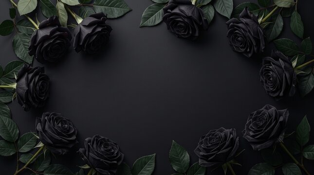 Beautiful black roses arranged in a circular frame on a dark black background for luxury design