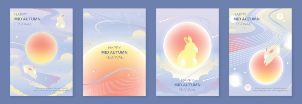 Mid Autumn Festival poster templates vector. Asian moon celebration designs with rabbit, lantern, clouds and floral elements for greeting card, banner, invitation and social media