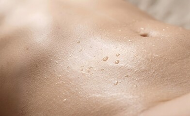 Naklejka premium Macro View of Woman's Abdomen Skin with Oil Droplets and Natural Stretch Marks
