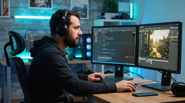 A focused male game developer with headphones views C++ code and a lush 3D Unreal Engine game environment on dual monitors at his glowing RGB workstation.