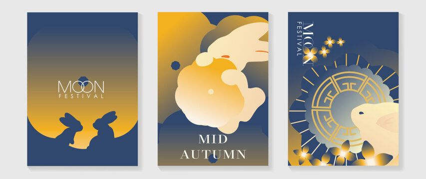 Mid Autumn Festival poster templates vector. Asian moon celebration designs with rabbit, lantern, clouds and floral elements for greeting card, banner, invitation and social media