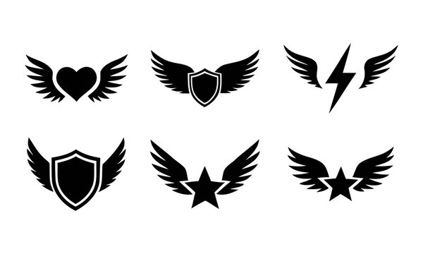 Black winged icons set with heart and shield shapes. Minimalist heraldic wing silhouettes for logo design. Flying star and lightning bolt symbols. Graphic collection of 6 vector wing emblems.