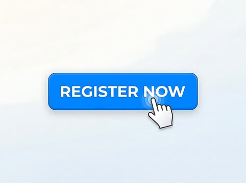 Hand clicking blue register now button for online signup or event registration process