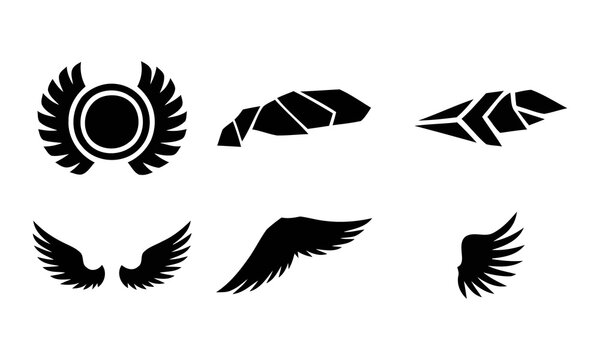 Minimalist black wing silhouettes set, 6 geometric bird wing icons and heraldic crest elements. Abstract flight symbols for logo design. Modern tribal feather shapes and aviation emblems.