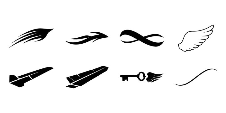 Minimalist black wing icons and speed motion symbols set. Tribal tattoo style graphic elements including bird wings, infinity loop, and winged key. Vector silhouette collection for logo design.