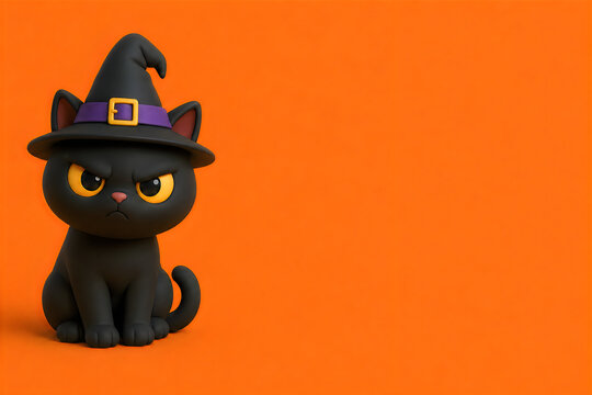 Premium Grumpy black cat wearing witch hat, cute Halloween kitten on orange background, spooky holiday character with copy space Halloween background