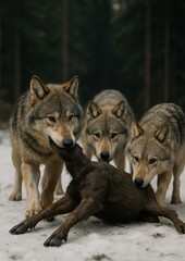 Naklejka premium Wolves hunting prey in snow