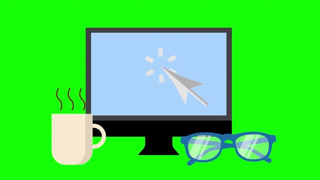 Travel Planning Concept with Airplane on Computer Monitor, Coffee Cup and Eyeglasses at a Workspace