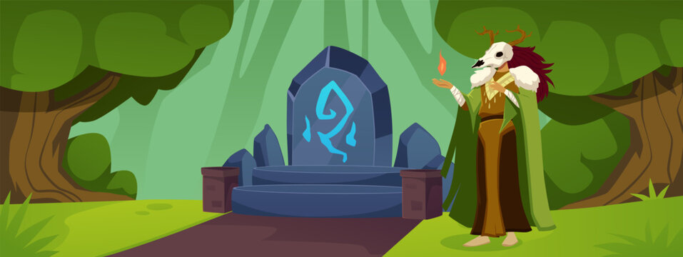 Forest with stone tribal Aztec totem altar, tribal shaman with animal skull with horns headgear vector flat illustration