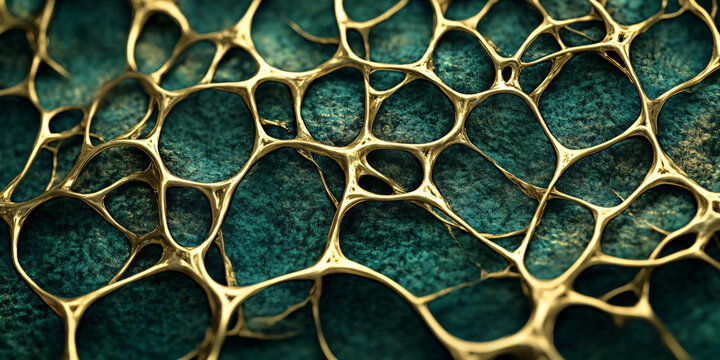 Organic gold lattice structure on teal stone background, luxury metallic web texture, abstract biological cell pattern for premium design