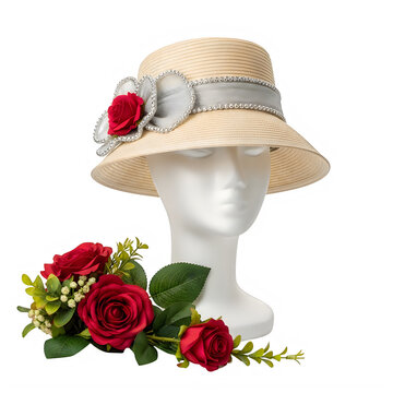 Elegant straw hat with red rose embellishment on mannequin head ideal for kentucky derby or garden parties