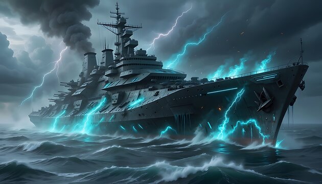 Dramatic battleship in stormy ocean, naval warship with glowing blue lightning strikes, military vessel in dark cinematic sea
