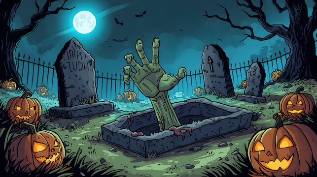 A zombie hand emerges from an open grave in a spooky graveyard scene under a full moon, surrounded by glowing jack-o'-lanterns and tombstones, perfect for Halloween.