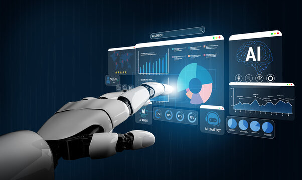 Futuristic Robotic Hand Interacting with AI-driven Data Display Monitors Featuring Graphs, Analytics, and Chatbot Interfaces in a Technological Environment. Glyphic.