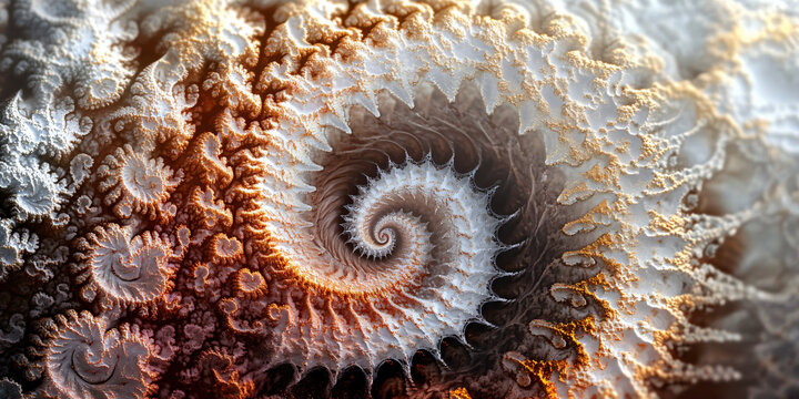 Intricate fractal spiral pattern, organic mathematical geometry in beige and brown, abstract textured fractal art for background