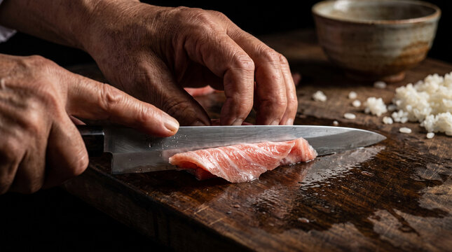 Macro shot of a sushi master&rsquo;s hands using a sharp Yanagiba knife to slice a translucent piece of fatty tuna (Otoro) on a wooden board for authentic Japanese nigiri.